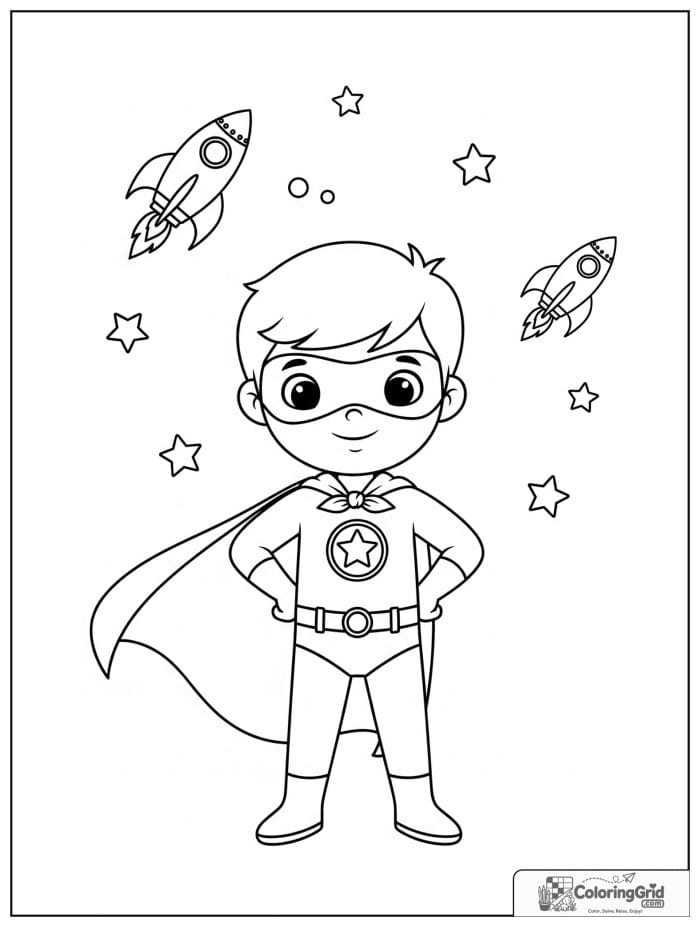 Cute superhero boy with a rocket theme and star details.
