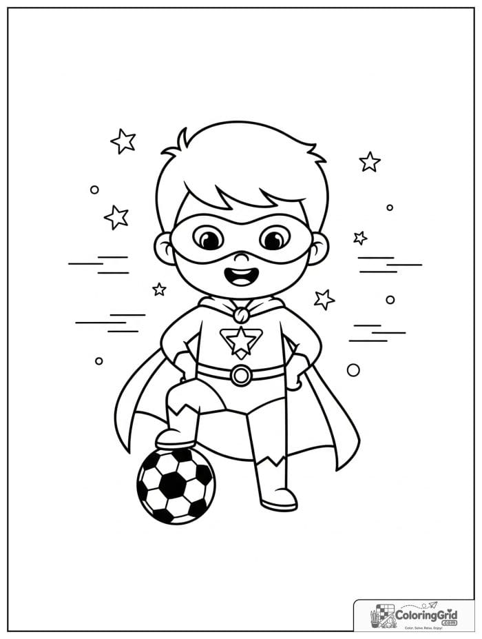 Cute superhero boy with a soccer ball and small motion details.