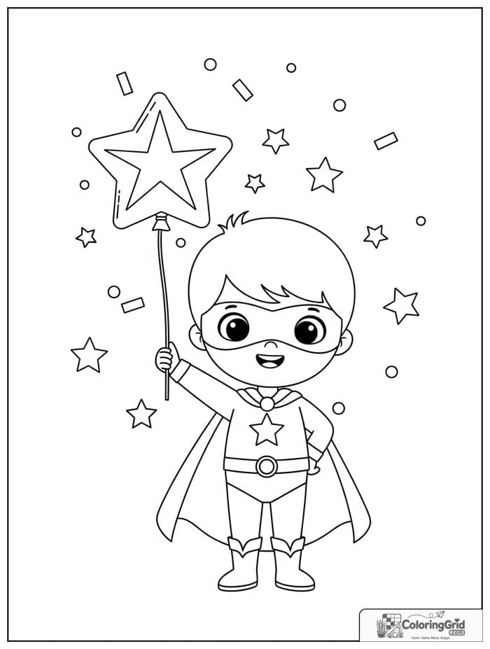 Cute superhero boy holding a star balloon with confetti details.