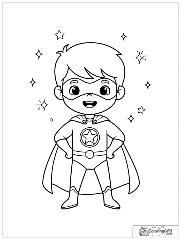 Cute superhero boy with a star emblem and star decorations.