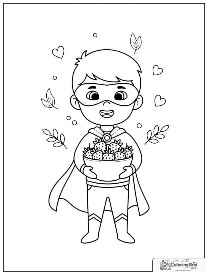 Cute superhero boy holding strawberries with small leaf and heart details.