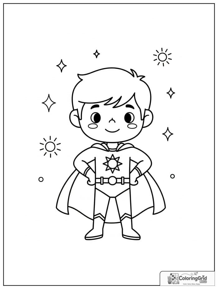 Cute superhero boy with a sun emblem and sunray decorations.