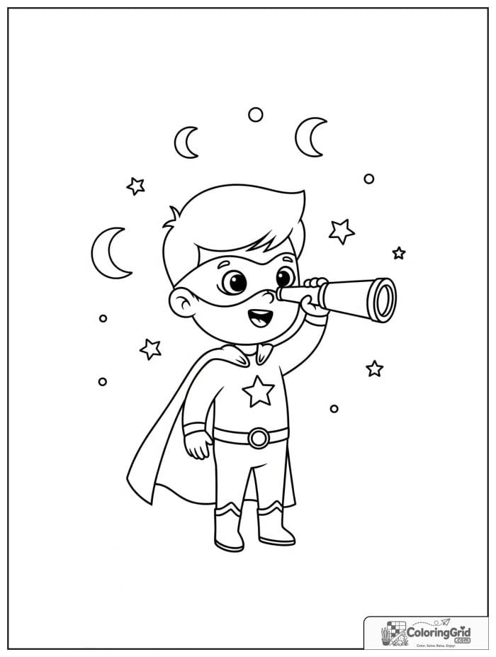 Cute superhero boy holding a telescope with moon and star details.