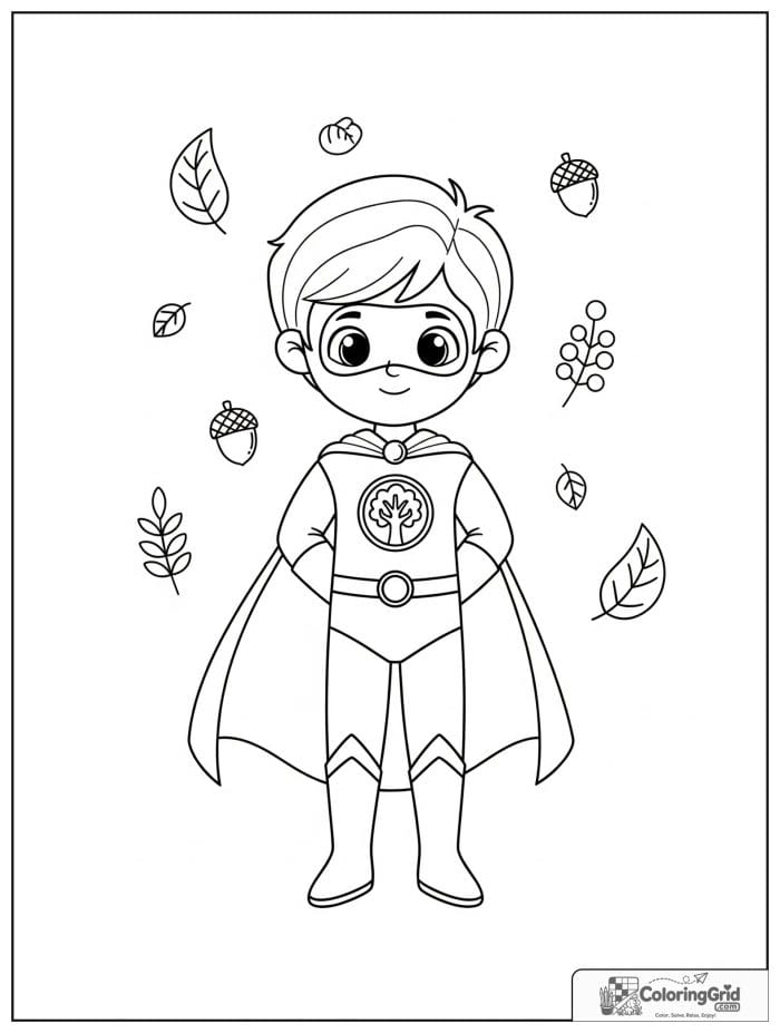 Cute superhero boy with a tree emblem and leaf details.
