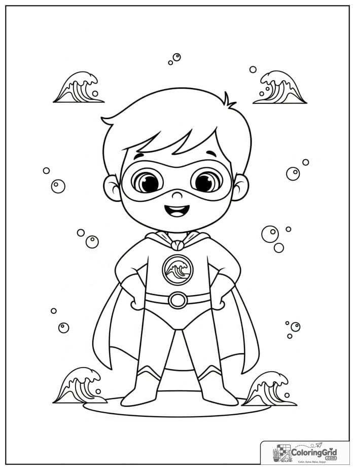 Cute superhero boy with a wave emblem and bubble details.