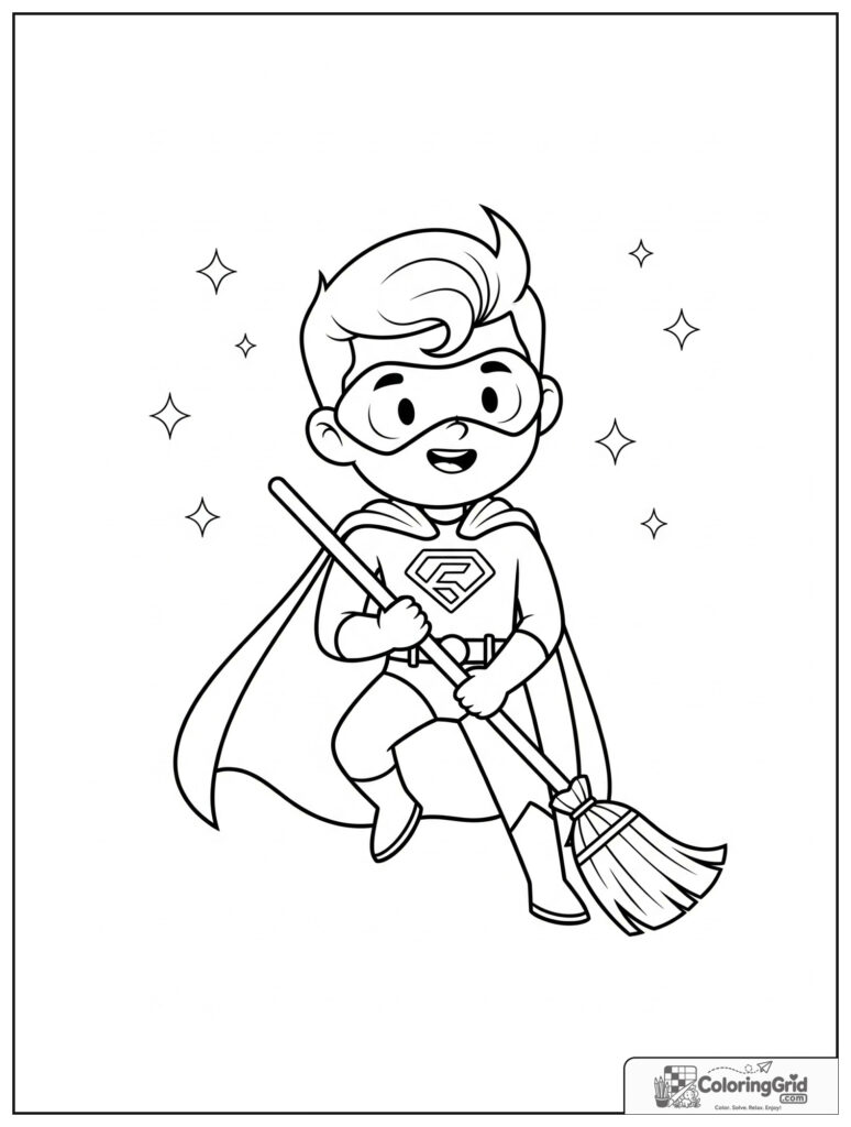 Cute superhero sweeping in a helpful action pose with sparkles.