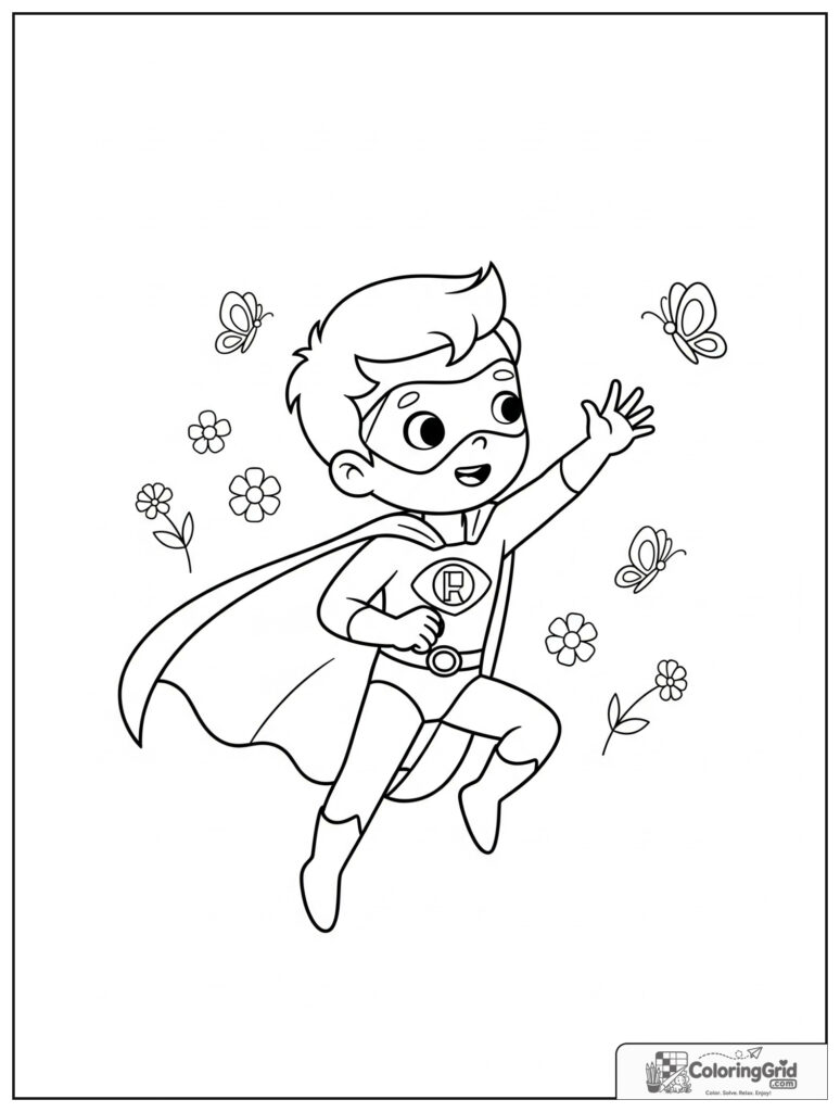 Cute superhero reaching for a butterfly in an action pose.