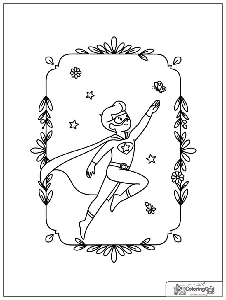 Cute superhero leaping in a framed action pose with butterfly details.