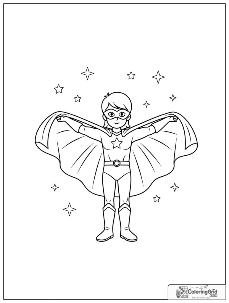 Cute superhero showing a cape spread pose with sparkles.