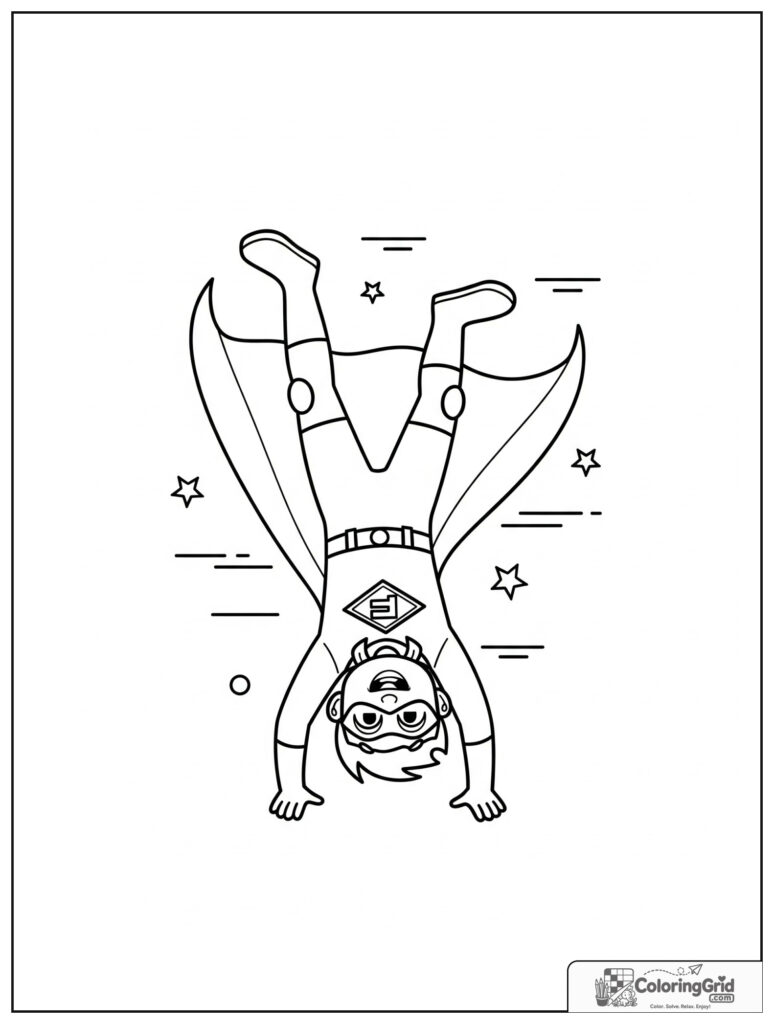 Cute superhero doing a cartwheel action pose with stars.