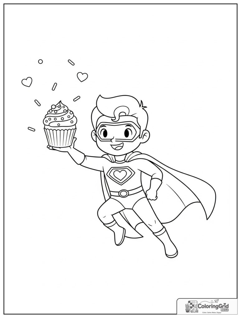 Cute superhero presenting a cupcake in an action pose.