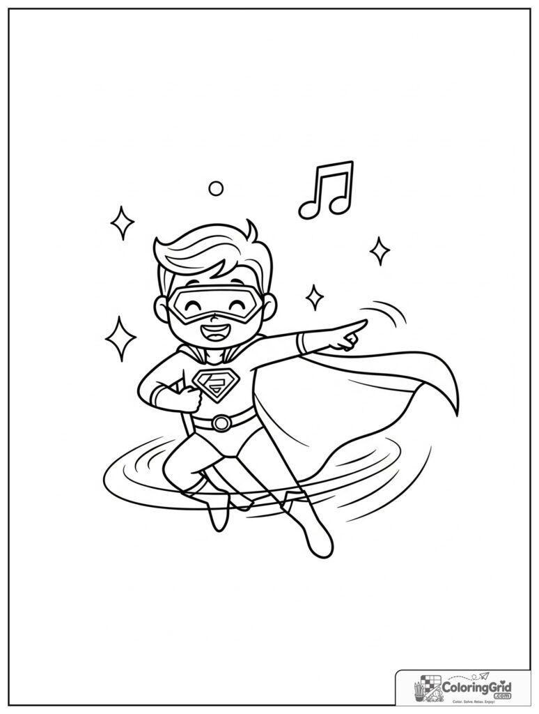 Cute superhero spinning in a dance action pose with music notes.