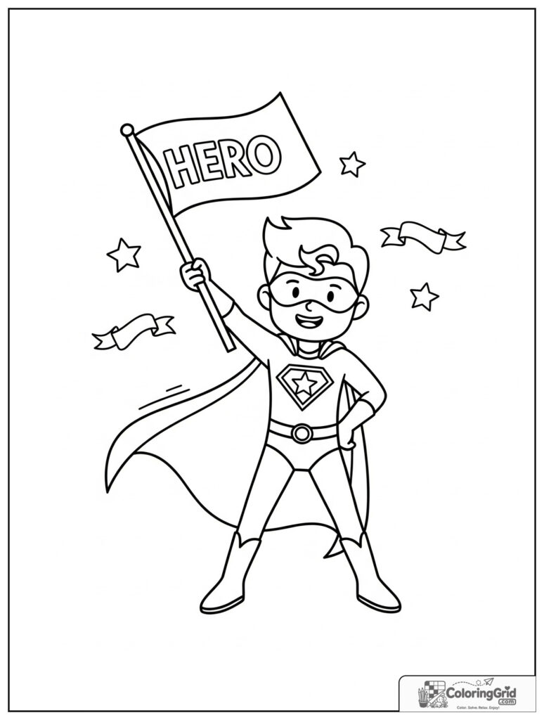 Cute superhero waving a flag in an action pose.