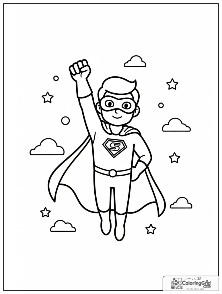 Cute superhero flying upward in an action pose with stars and clouds.