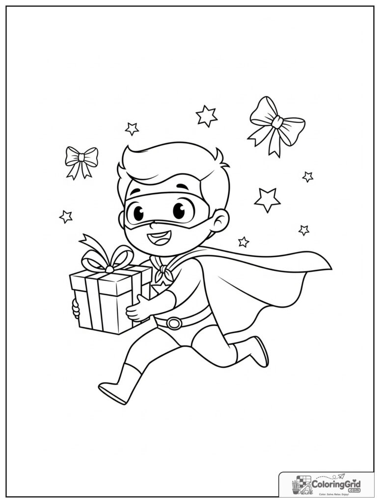 Cute superhero running with a gift box in an action pose.