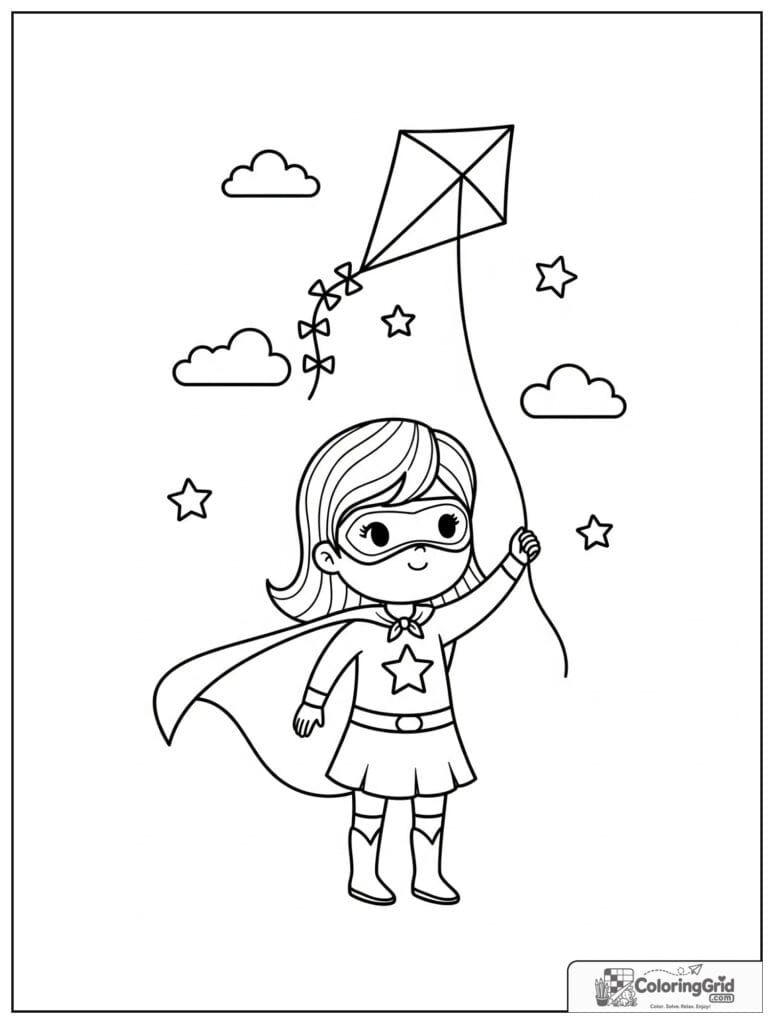 Cute superhero girl flying a kite with small cloud and star details.