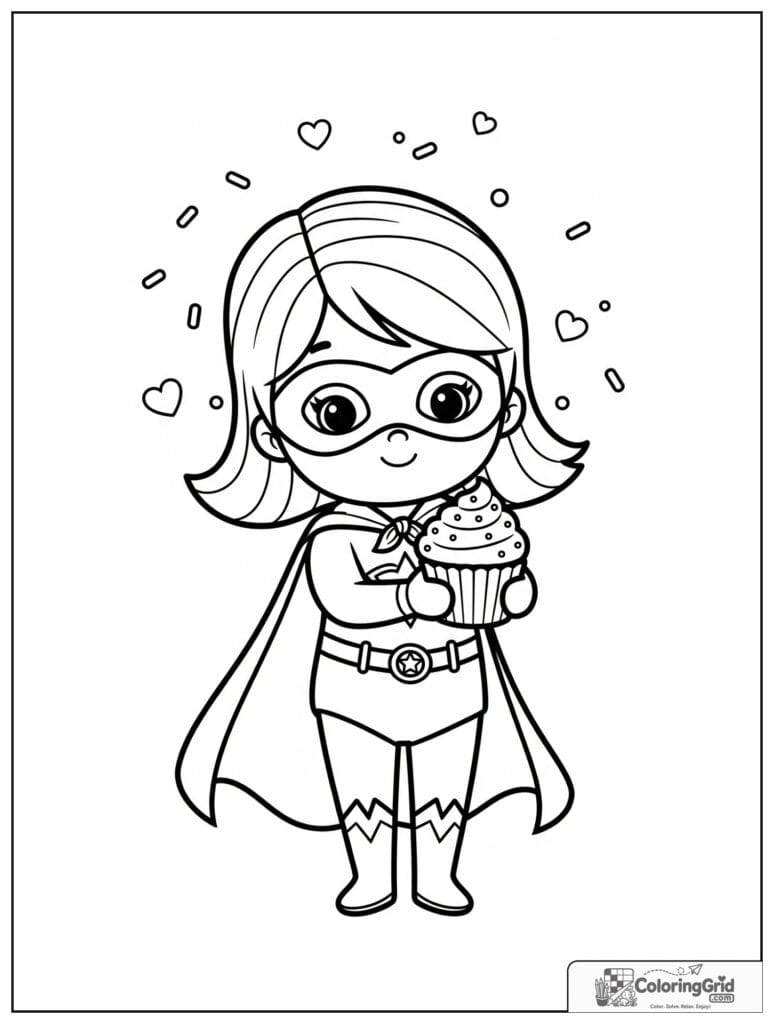 Cute superhero girl holding a cupcake with small sprinkle details.