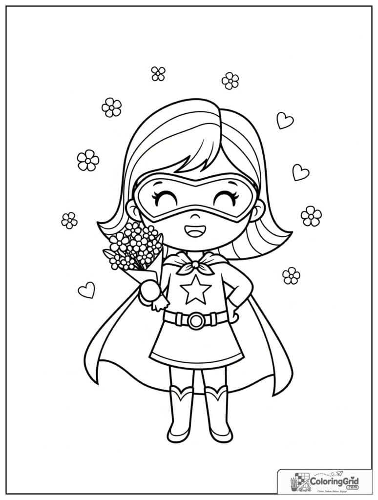 Cute superhero girl holding a flower bouquet with small heart details.