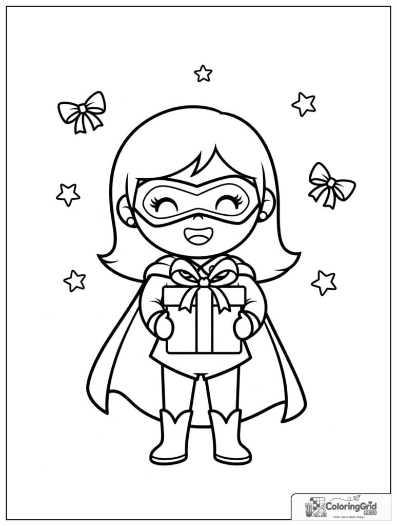 Cute superhero girl holding a gift box with small bow details.