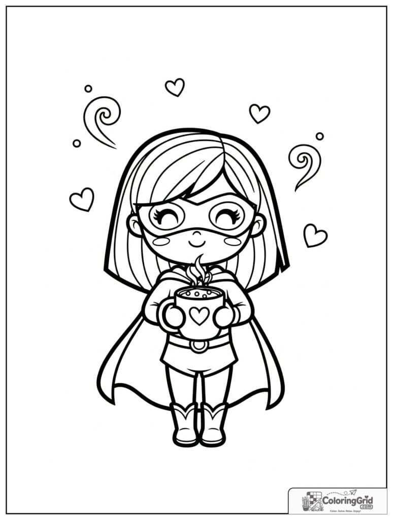 Cute superhero girl holding hot cocoa with steam and heart details.
