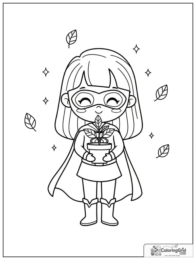 Cute superhero girl holding a potted plant with small leaf details.