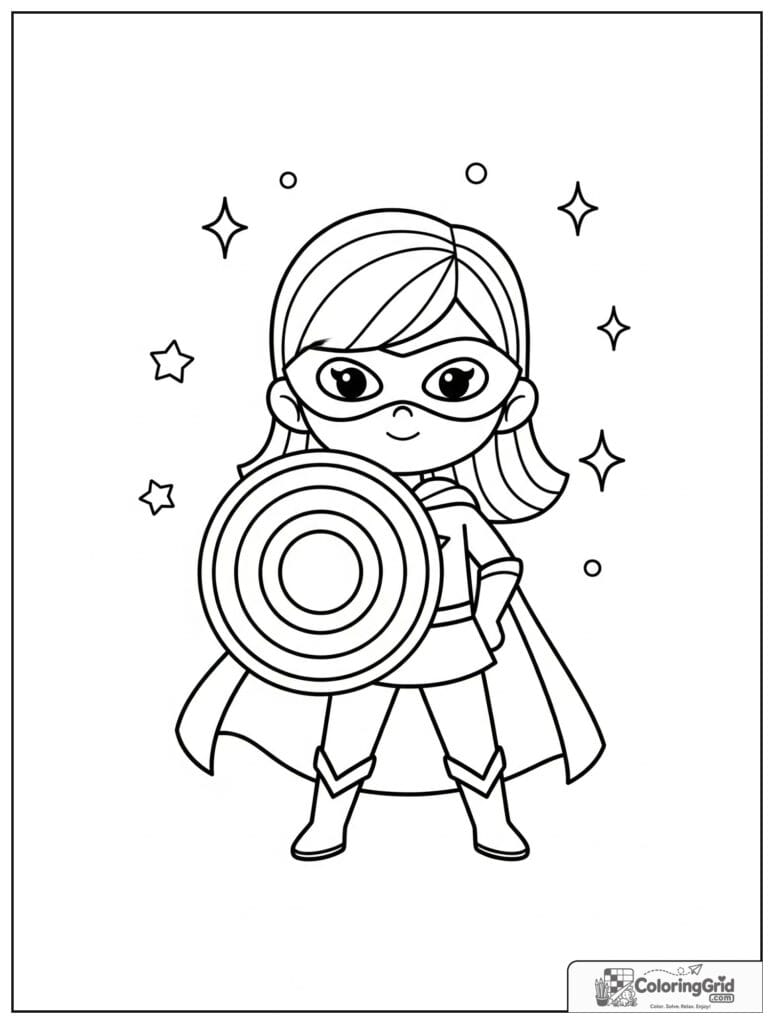 Cute superhero girl holding a shield with small stars in the background.