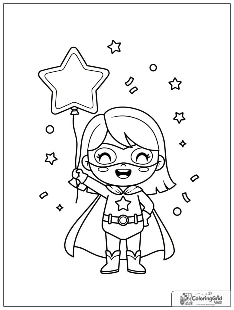 Cute superhero girl holding a star balloon with confetti details.