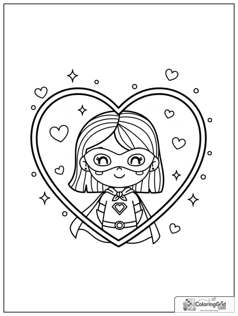 Cute superhero girl inside a heart frame with small sparkle details.