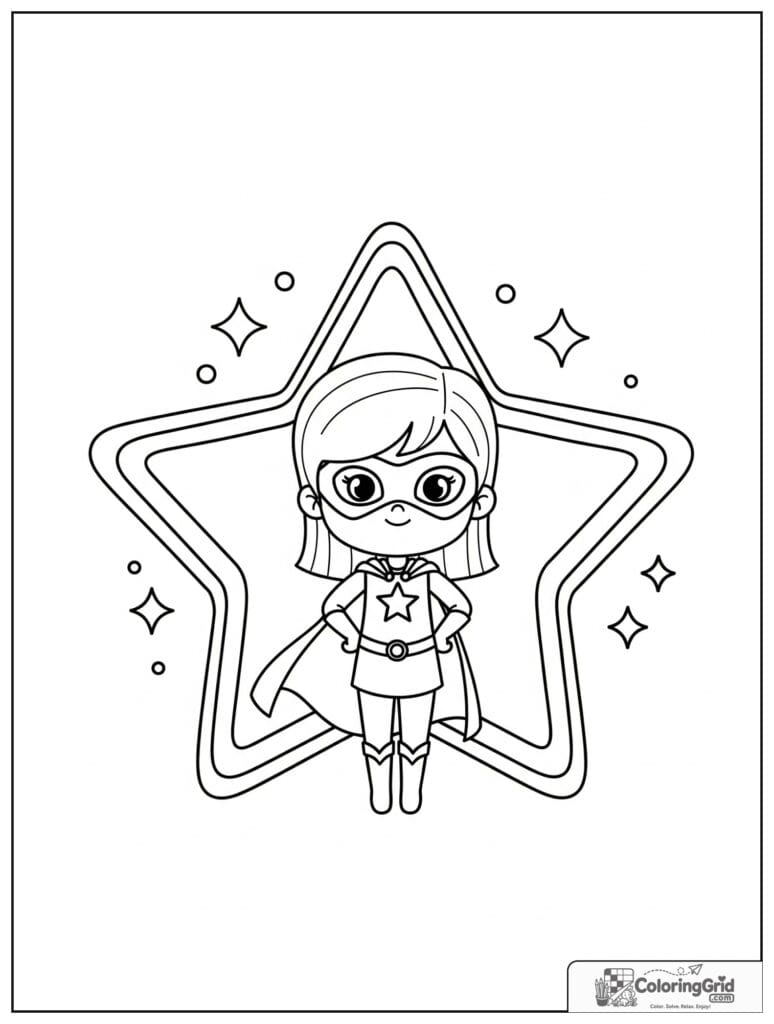 Cute superhero girl inside a star frame with small sparkle details.
