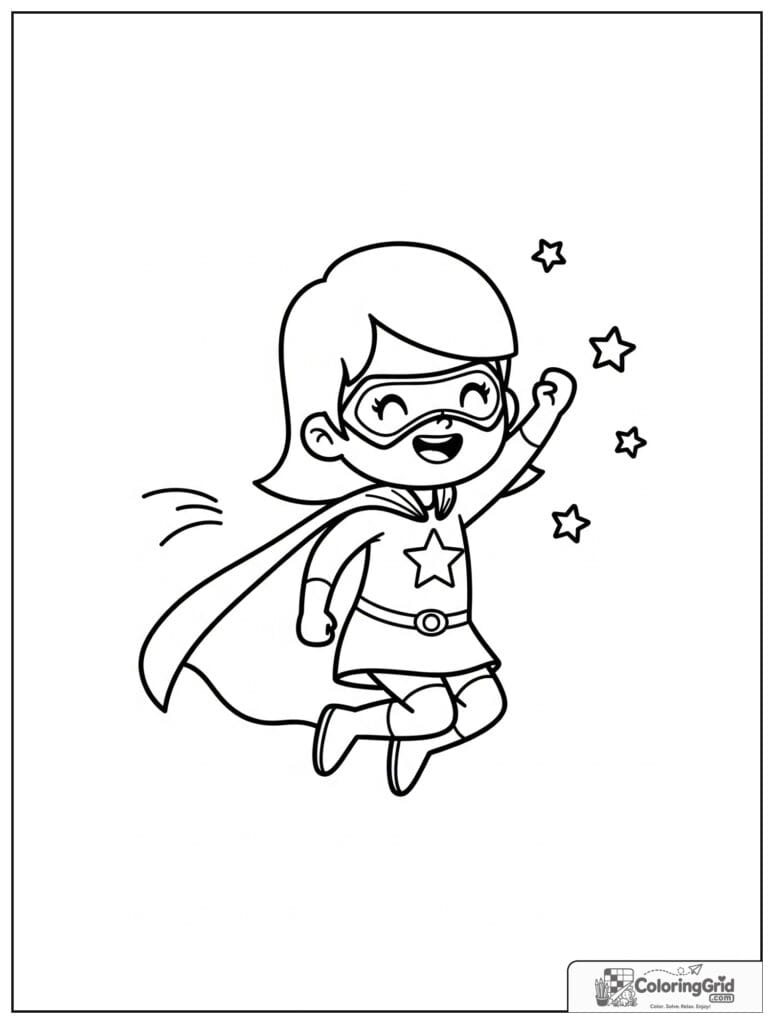 Cute superhero girl jumping high with small stars and motion lines.