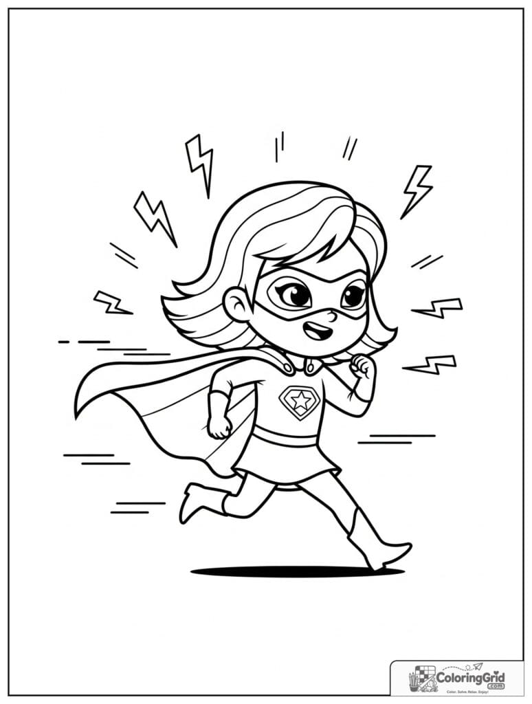 Cute superhero girl running fast with small lightning details.