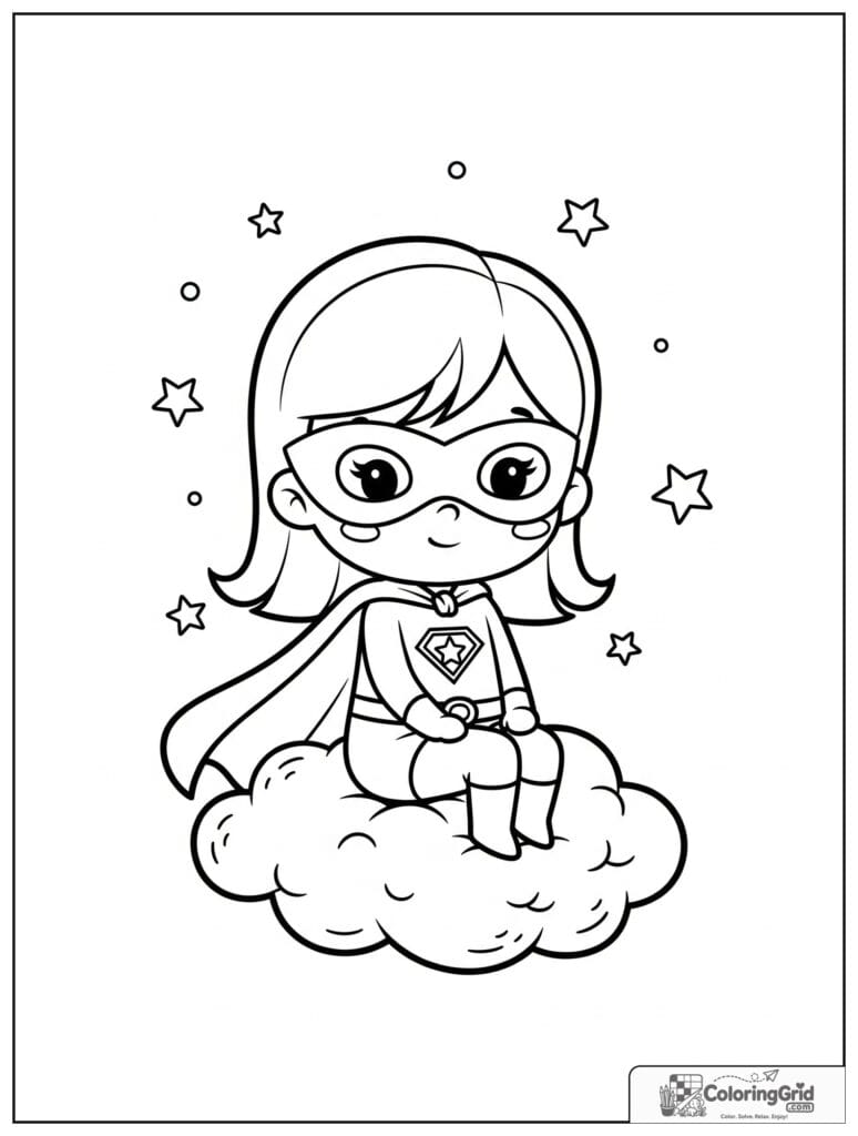 Cute superhero girl sitting on a cloud with small star details.
