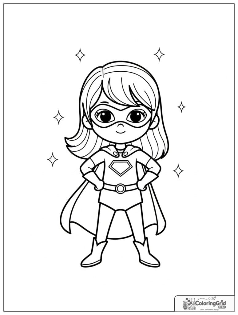 Cute superhero girl standing proudly with sparkles behind her.