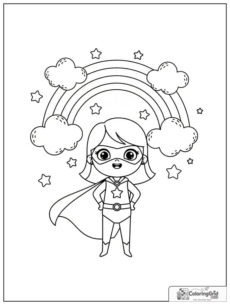 Cute superhero girl under a rainbow with small cloud details.