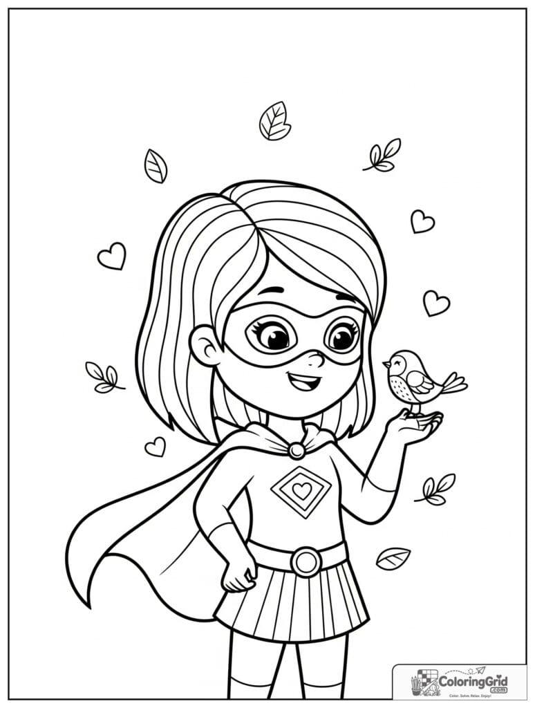 Cute superhero girl with a bird friend and small leaf details.