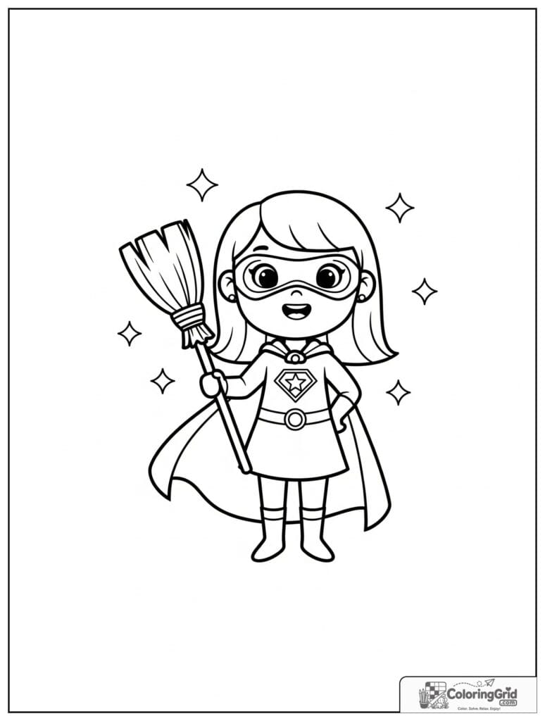 Cute superhero girl holding a broom with small sparkle details.