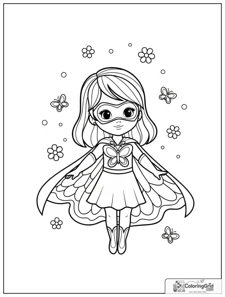 Cute superhero girl with a butterfly theme and small flower details.