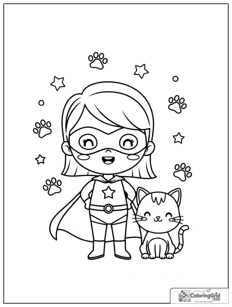Cute superhero girl with a cat friend and small paw print details.