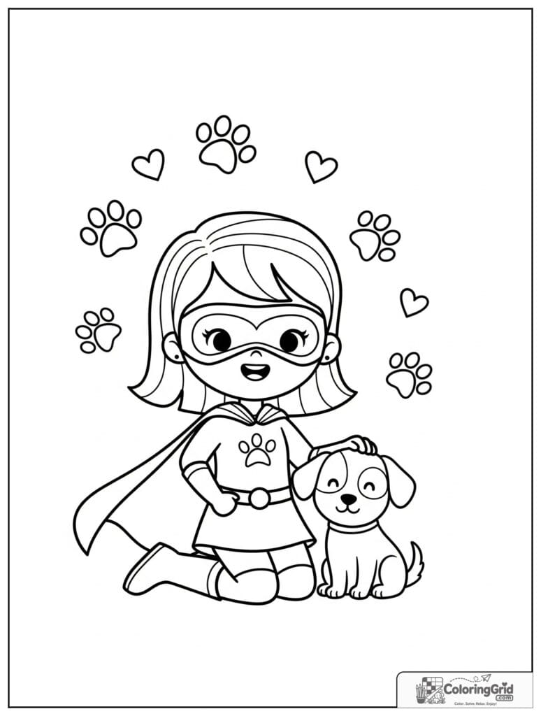 Cute superhero girl with a dog friend and small paw print details.