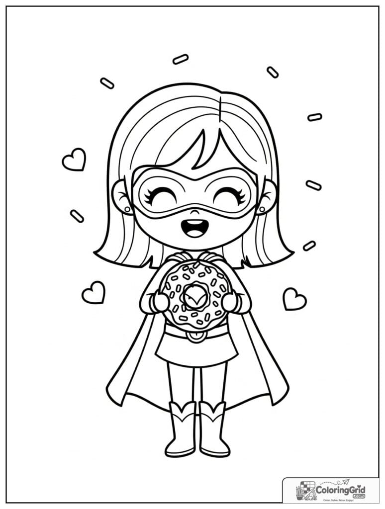 Cute superhero girl holding a donut with small sprinkle details.