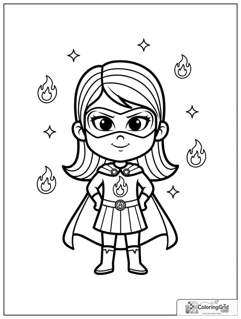 Cute superhero girl with a flame emblem and small flame details.