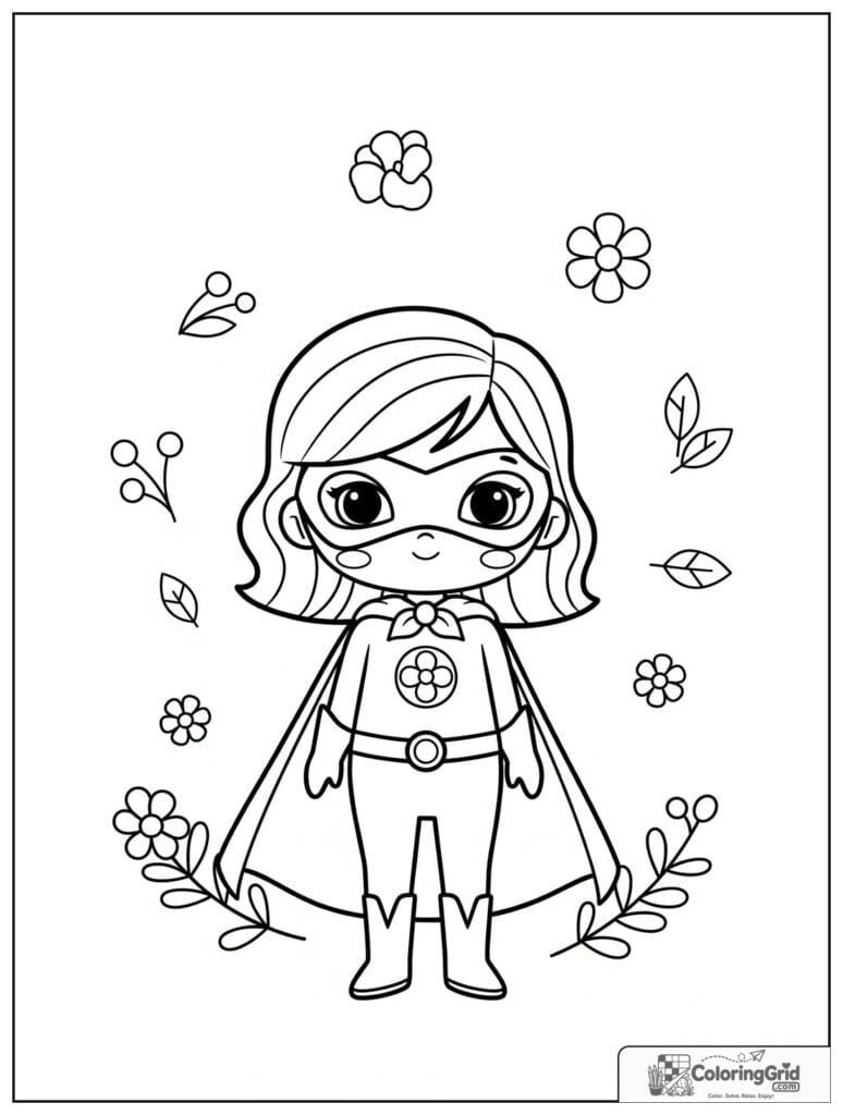 Cute superhero girl with a flower theme and small floral details.