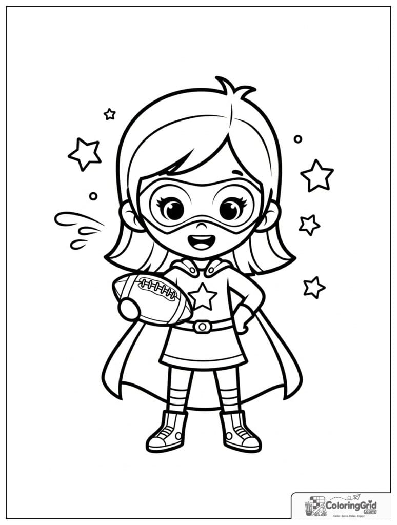 Cute superhero girl holding a football with small motion details.