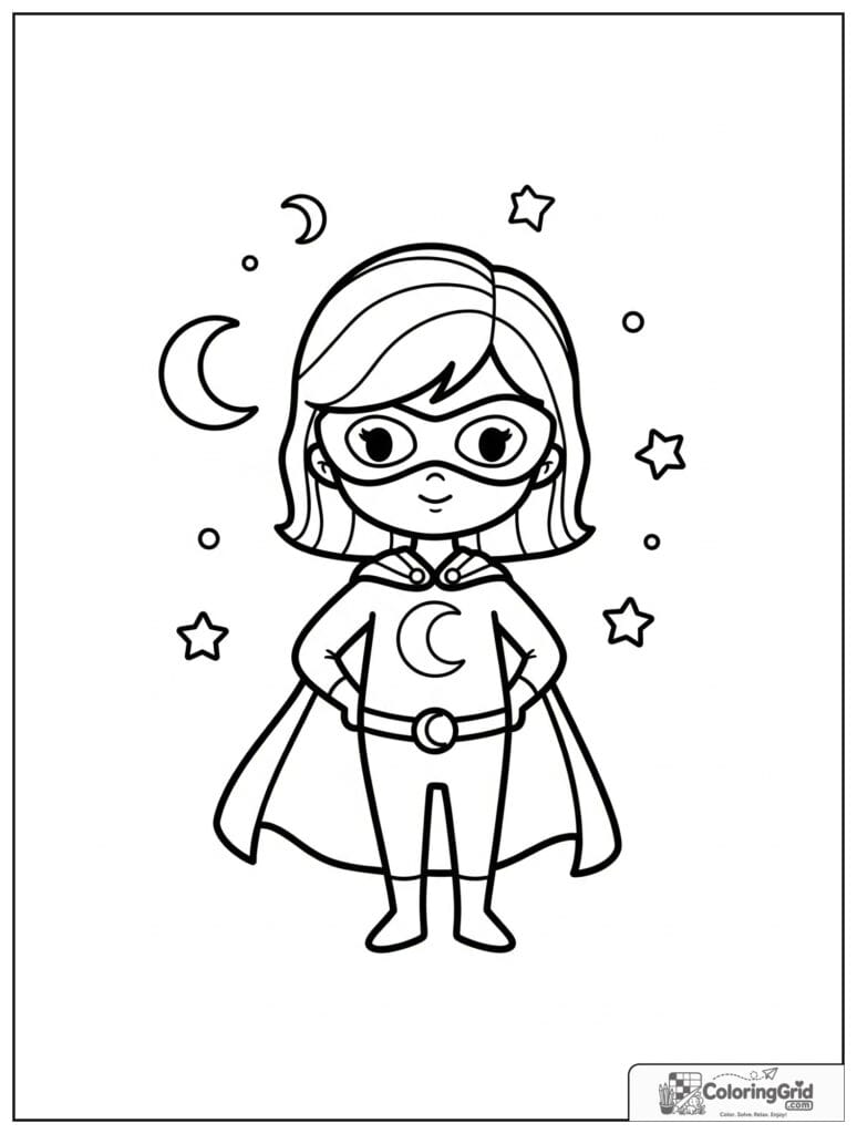 Cute superhero girl with a moon theme and small moon details.