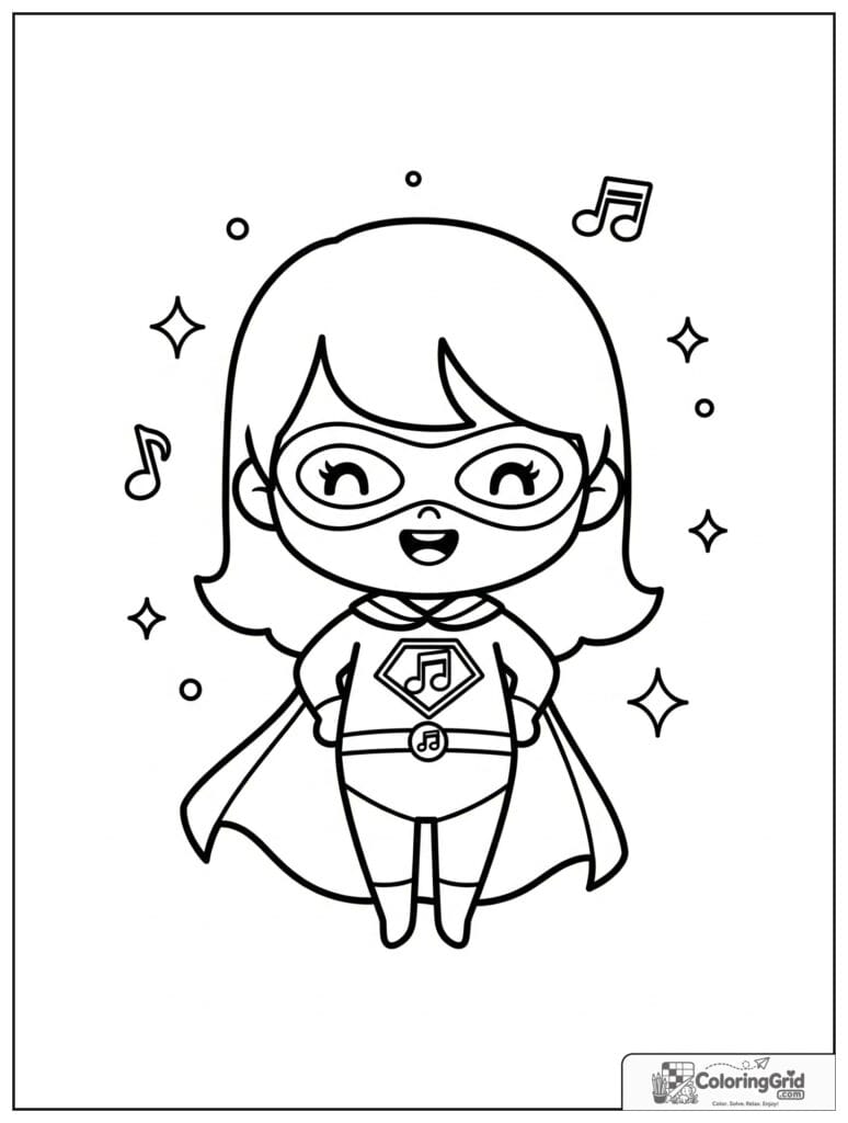 Cute superhero girl with a music note emblem and sparkle details.