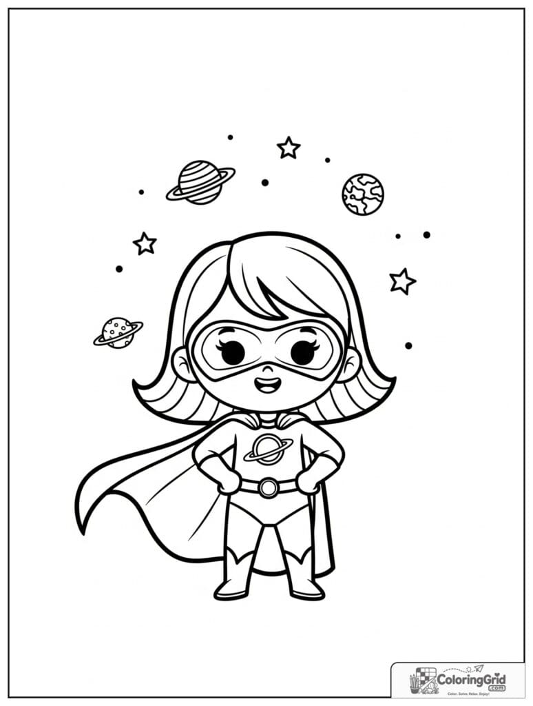 Cute superhero girl with a planet theme and small star details.
