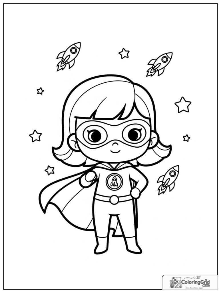 Cute superhero girl with a rocket theme and small star details.