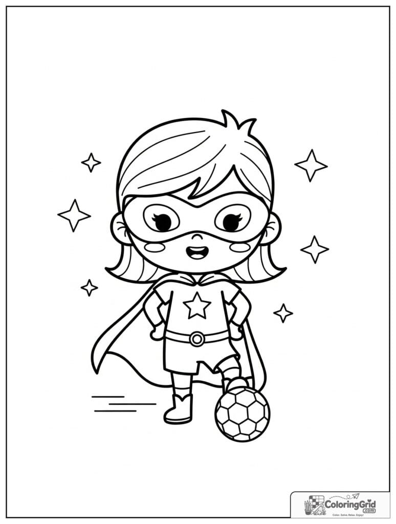 Cute superhero girl with a soccer ball and small motion details.