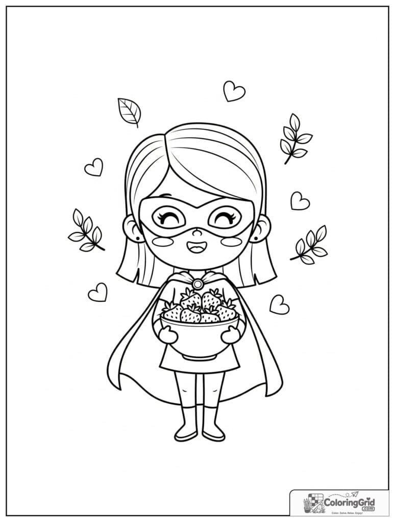 Cute superhero girl holding strawberries with small leaf and heart details.