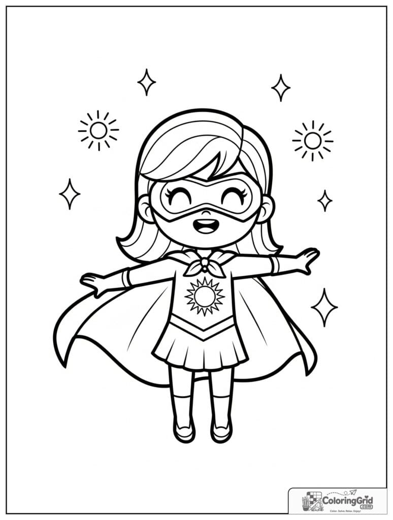 Cute superhero girl with a sun emblem and sunray details.